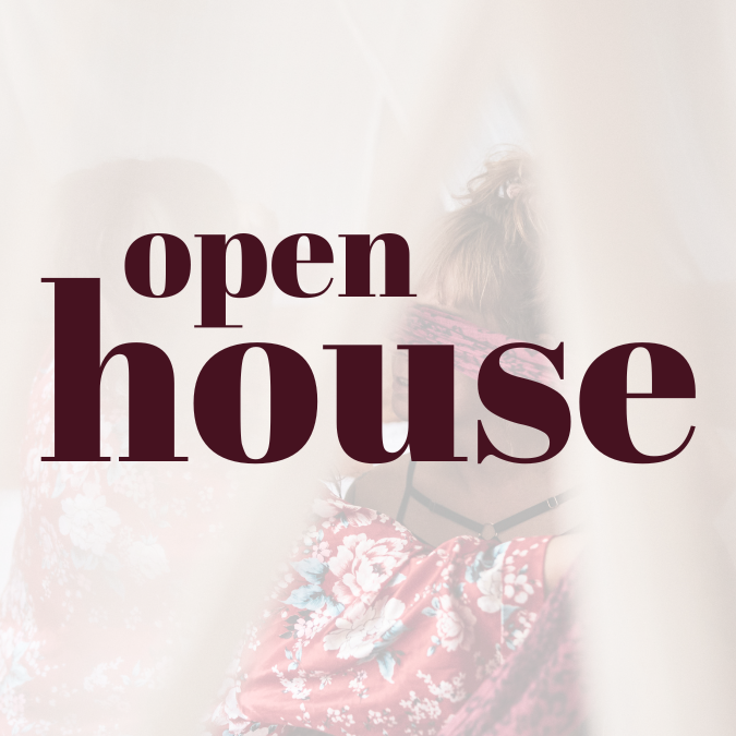 Faded image of two women in a bed with text 'Open House' overlaid. 